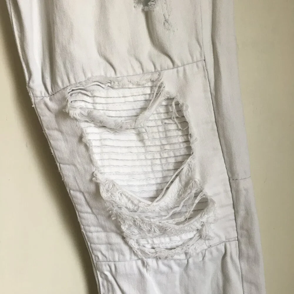 Uh Denim White Distressed Pintuck Stretch Skinny Jeans Size 32 - Picture 5 of 16